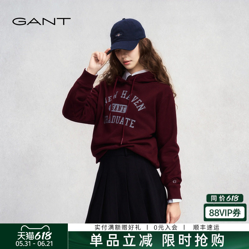 GANT/甘特25年秋冬女士加绒外套上衣学院风刺绣休闲运动连帽卫衣
