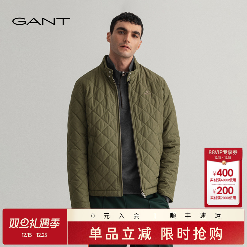 GANT/甘特秋冬新款男士复古军绿色保暖立领绗缝短款休闲棉服外套