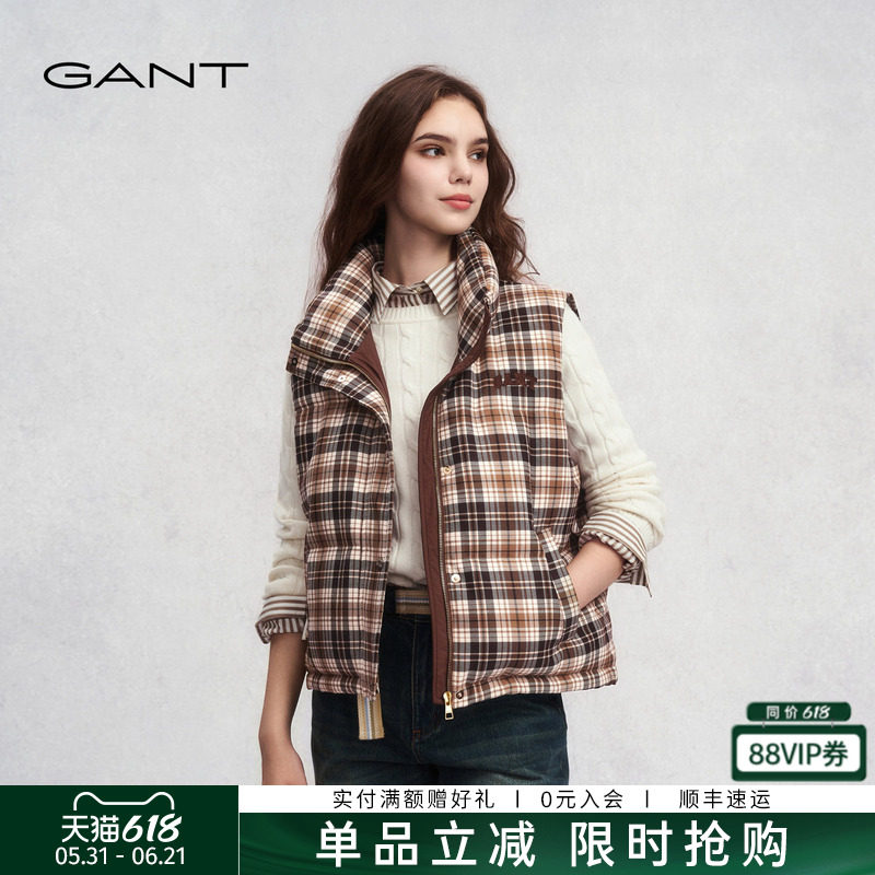 GANT/甘特秋冬新款女士羽绒马甲复古格纹美式休闲复古百搭马夹