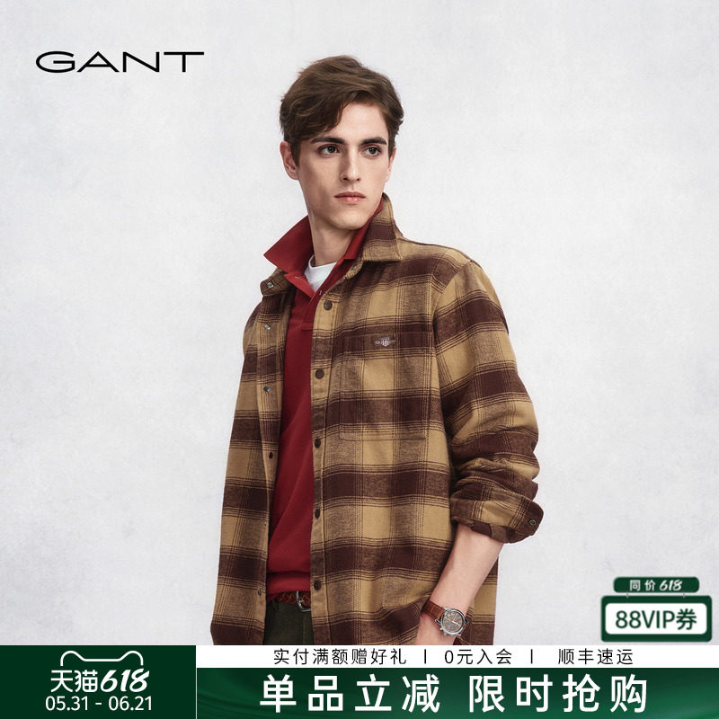 GANT/甘特秋冬季新款男士纯棉磨毛厚款休闲格纹美式街头复古衬衫
