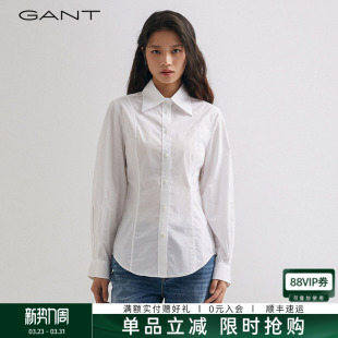 100%棉 尖领长袖 GANT 女士白衬衣通勤收腰灯笼袖 衬衫 甘特新款