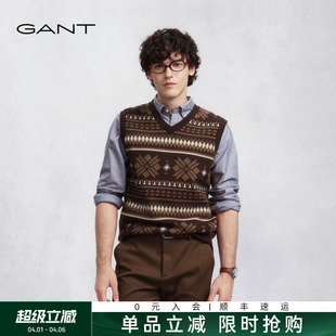 男士 GANT 甘特秋冬季 新款 针织背心复古休闲马甲 费尔岛V领纯羊毛衫