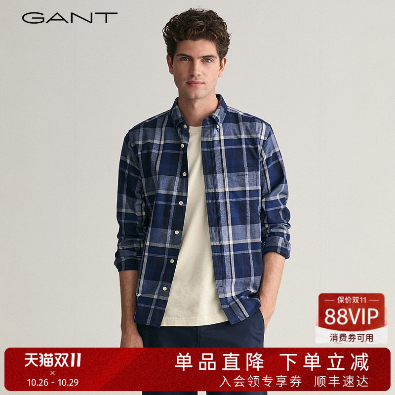 【亚洲版型】GANT甘特春季新款法兰绒格纹翻领舒适百搭复古男衬衫