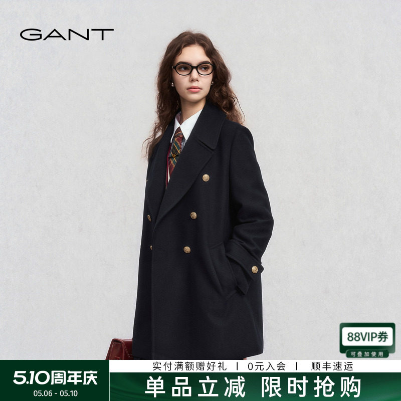 GANT/甘特秋冬新款女士羊毛呢通勤大衣复古英伦学院风双排扣外套