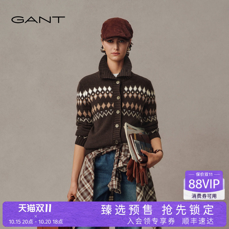 【暖核系列】GANT/甘特26秋冬女士100%羊毛衣复古费尔岛针织开衫
