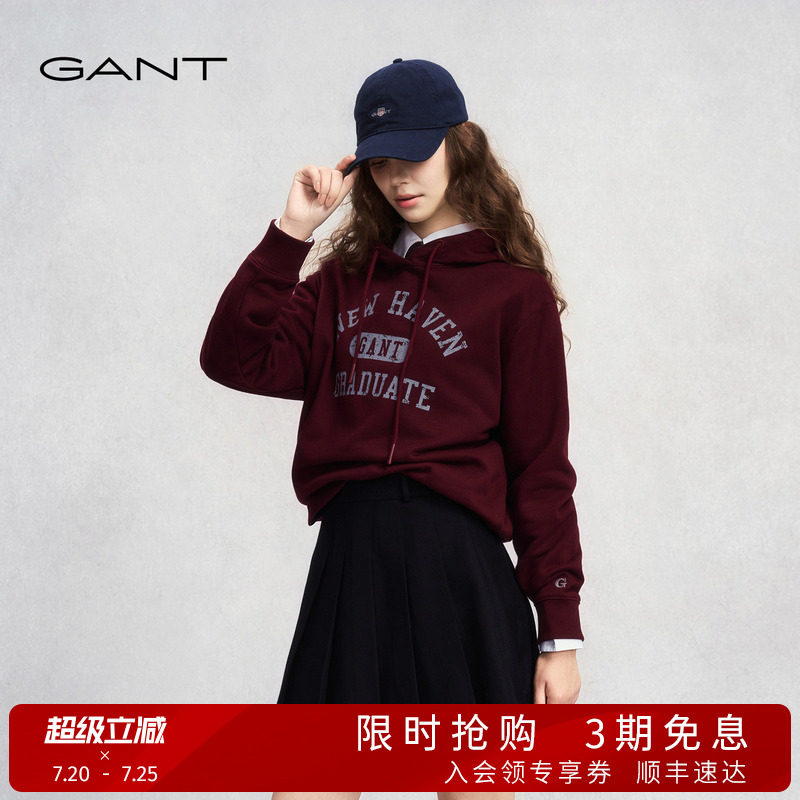 GANT/甘特25年秋冬女士加绒外套上衣学院风刺绣休闲运动连帽卫衣