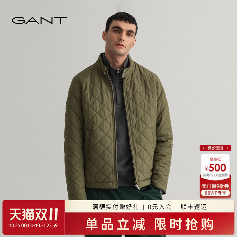 GANT/甘特秋冬新款男士复古军绿色保暖立领绗缝短款休闲棉服外套