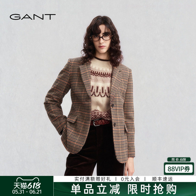 GANT/甘特春秋新款女士纯绵羊毛呢通勤外套复古格子老钱风单西服