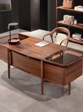 新中式别墅办公桌北欧书房家具轻奢黑胡桃木书桌家用实木写字台