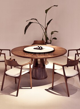 北美黑胡桃木餐桌椅组合别墅家用餐厅大圆形餐台转盘一桌六椅意式