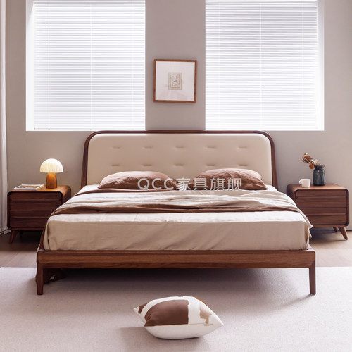 北美黑胡桃真皮实木床设计师款