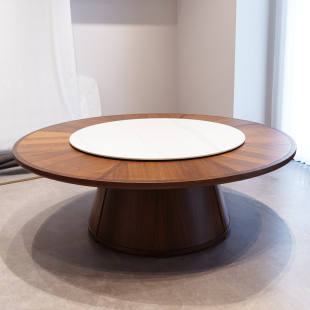 设计师别墅圆餐桌北美黑胡桃木大户型圆桌子高级岩板电动转盘餐台