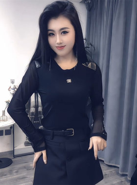 网纱拼接女装时尚拼皮打底衫