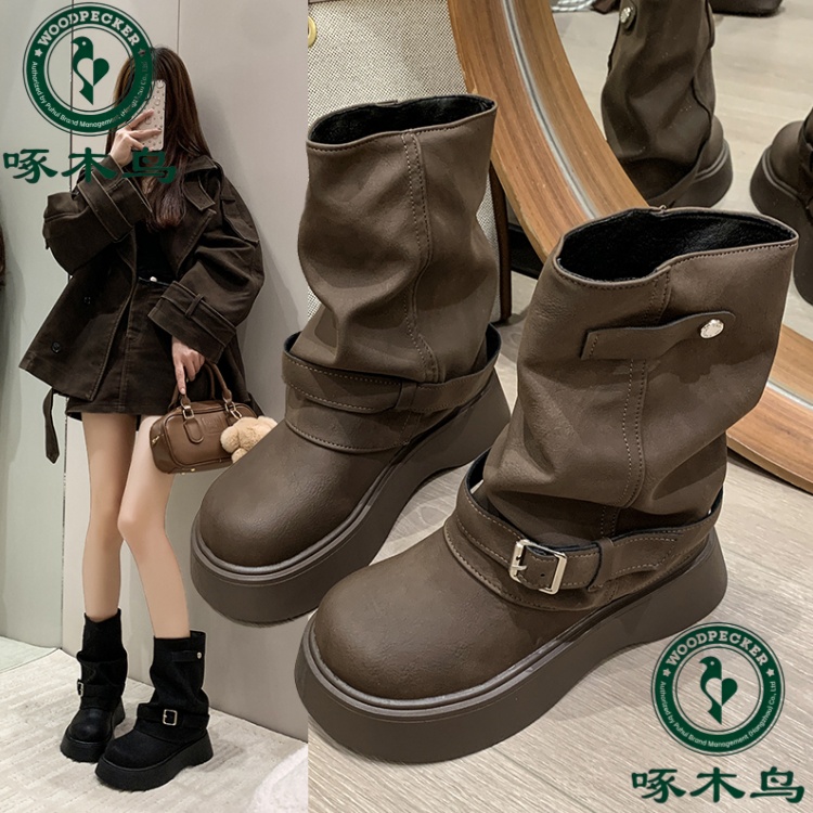 啄木鸟厚底增高马丁靴复古堆堆靴