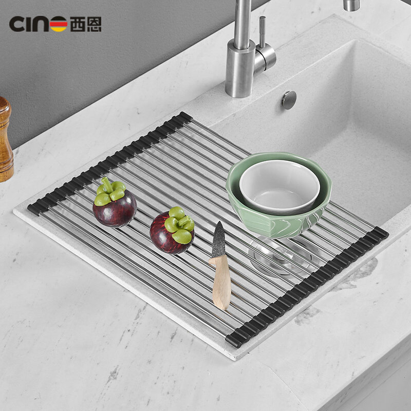 可折叠304不锈钢圆管沥水帘厨房水槽洗碗池碗碟滤水架桌面隔热垫
