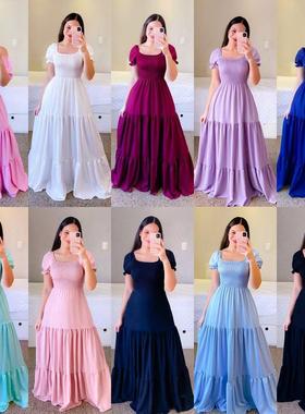 204跨新款春衣夏欧美女2装连裙一字82922肩碎花露肩长款色境仙女