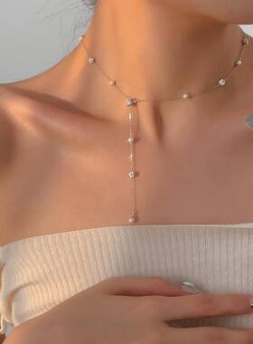 间隔珍珠闪钻颈球雅96869项链女S925清纯银小新优锁骨链简约百搭