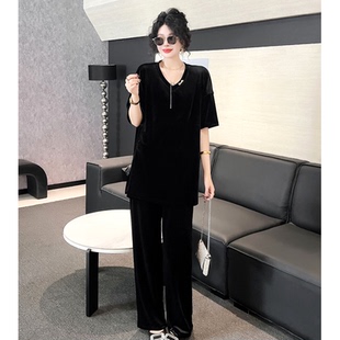 2026春季新款时尚金丝绒套装女高端气质减龄宽松短袖阔腿裤两件套