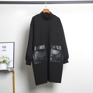 欧货大码长袖连衣裙春秋韩版宽松高领洋气减龄拼接PU皮高领打底裙