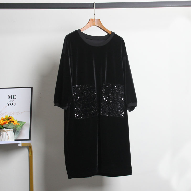 高端金丝绒连衣裙女春秋大码拼接亮片灯笼袖洋气减龄法式中长裙子