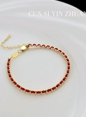 寸四纯银1.5双排珠镀金红色手链 复古国潮民族风 本命年必备