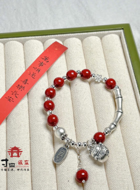 大理寸四银庄雪花银纯银朱砂招招き猫手链新年纳福新中式风