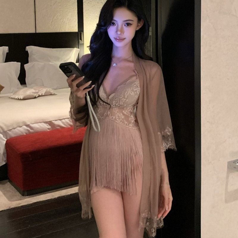 大码情趣味内衣性感透视蕾丝流苏裙摆深V诱惑吊带睡裙外袍睡衣qq