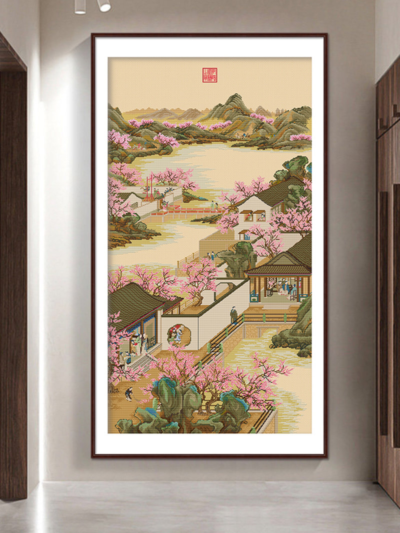 雍正十二月十字绣三月桃花图2022新款线绣中式名画客厅玄关风景画