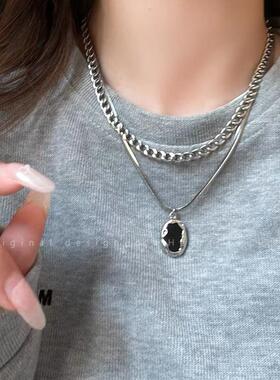 高级感双层链条项链女银色椭圆吊坠锁骨链小众设计酷辣风