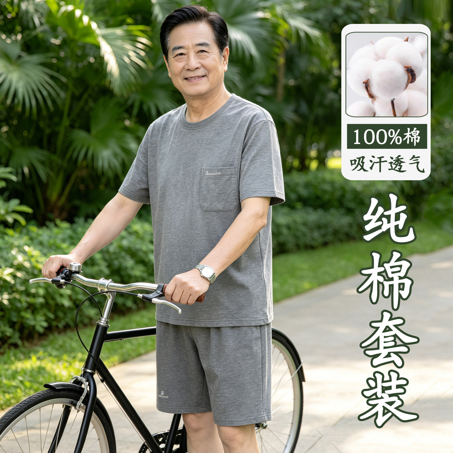 爸爸纯棉夏装中老年人运动套装男夏季短袖T恤短裤两件套爷爷衣服