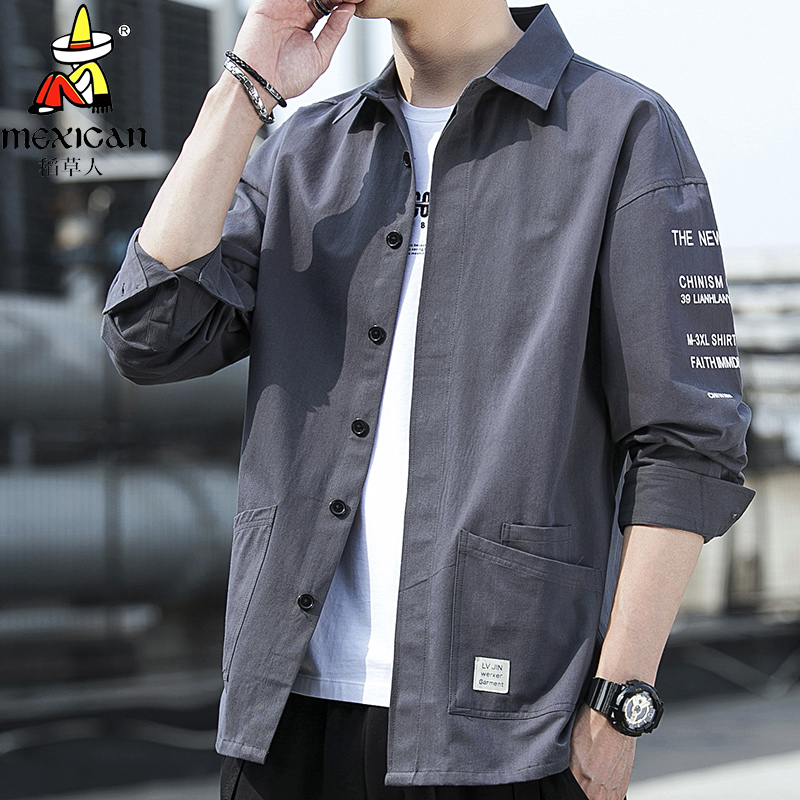 稻草人秋季新款纯棉长袖衬衫男休闲工装衬衣宽松时尚百搭上衣男潮