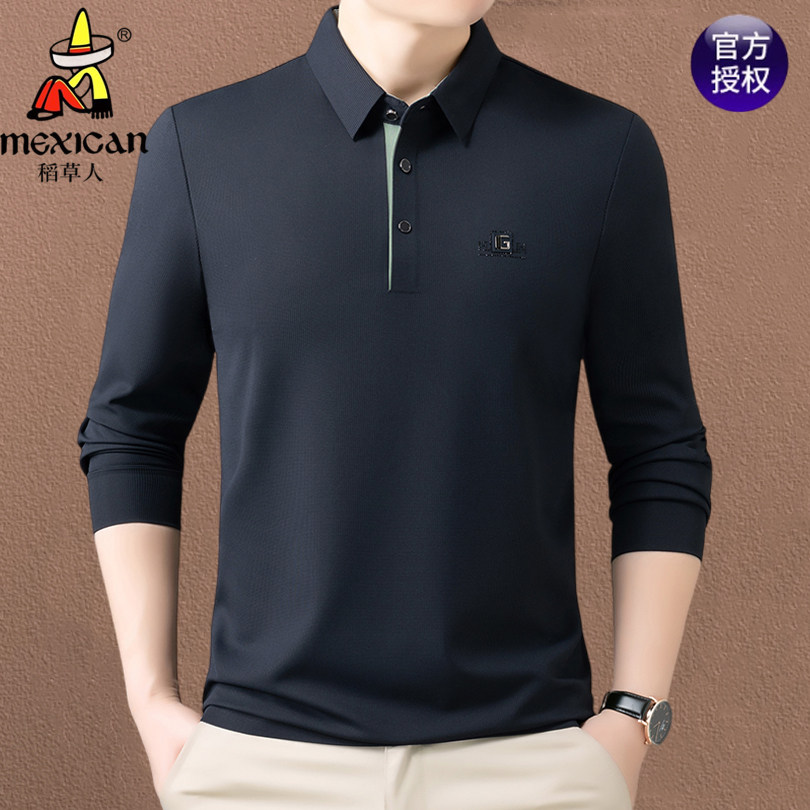 稻草人男士秋季新款休闲宽松中年长袖t恤翻领免烫无痕polo衫