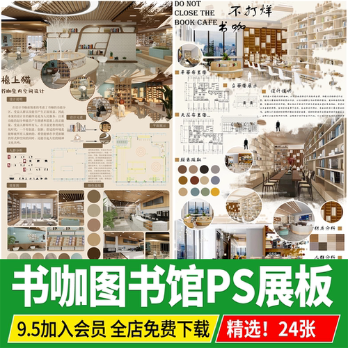 图书馆书咖阅览室PSD分层素材 书屋书店书吧室内设计PS展板模板