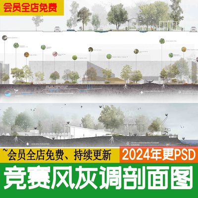 建筑园林景观国际竞赛风小清新设计剖面图立面图psd源文件素材ps