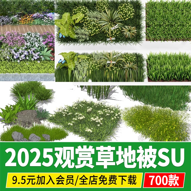 3d三维花草 地被园林植物草坪草花 草皮草丛 观赏草 三叶草su模型