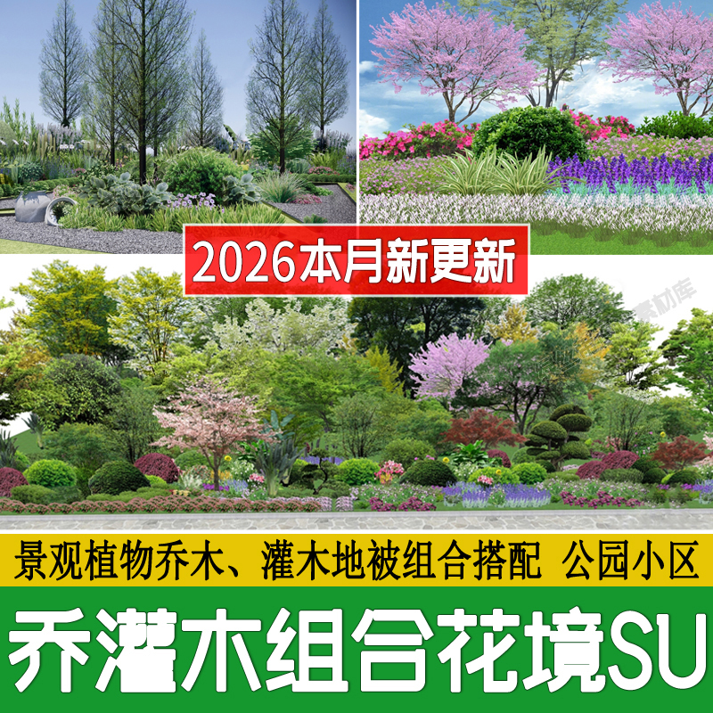 乔木灌木地被花境植物组团组合镜公园树木园林景观草图大师su模型