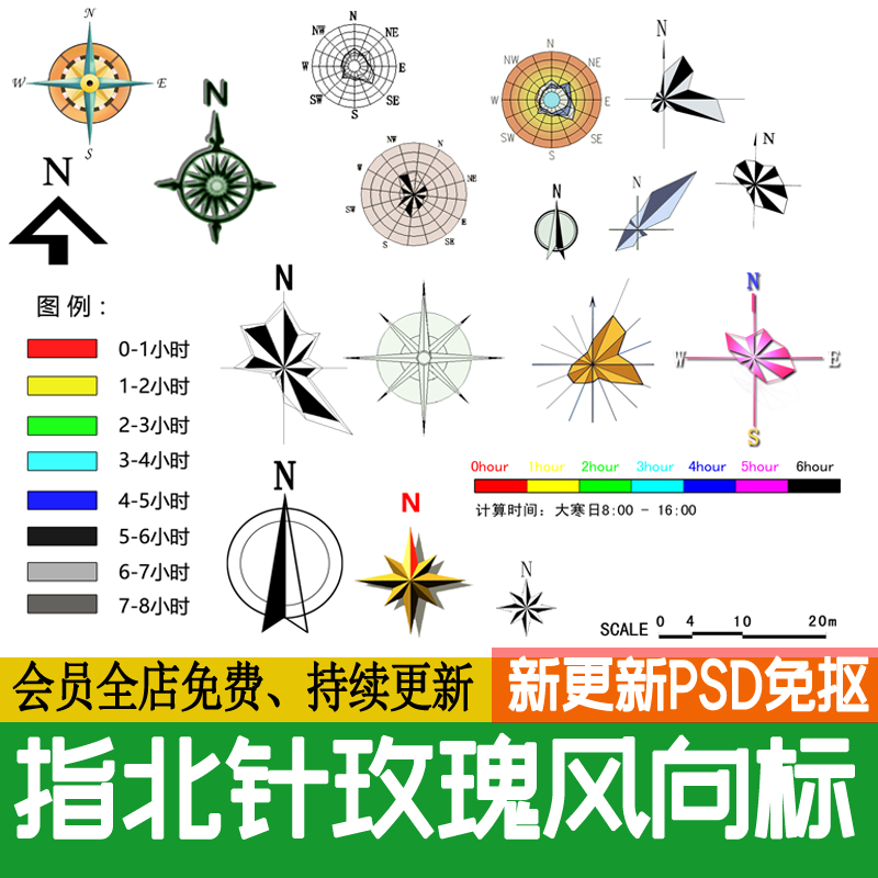 指北针比例尺图例图标彩色平面图玫瑰风向标指南针psd免抠ps素材