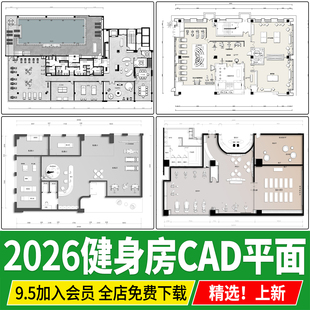 健身房瑜伽游泳健身中心会所器材平面布置布局方案设计CAD施工图