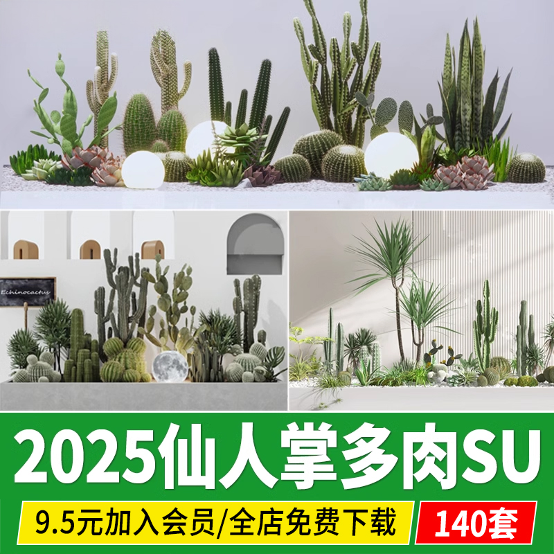 仙人掌仙人球热带沙漠多肉植物露台造景花坛盆栽草图大师su模型