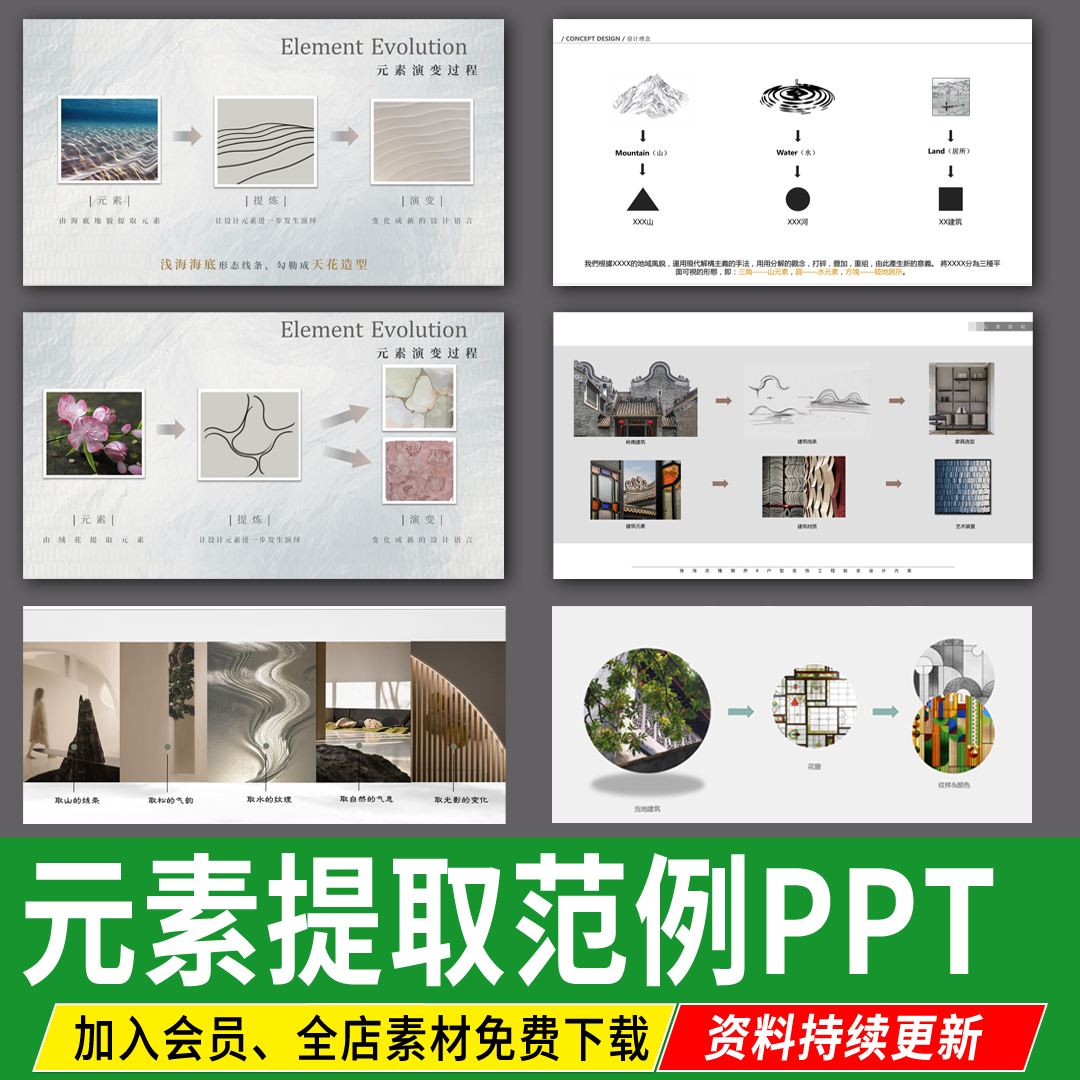 设计元素提取室内景观建筑概念主题演变文本分析图PPT模板素材