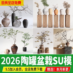 侘寂风陶罐摆件花瓶枯树枝干枝花艺室内小盆景绿植草图大师su模型