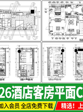 酒店宾馆套房客房标准豪华套房室内设计方案平面图布局CAD施工图