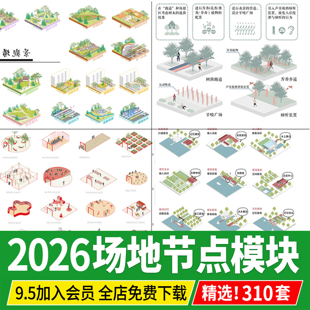 PS小清新建筑景观场景分析 功能插画风展板空间模块分析图PSD素材