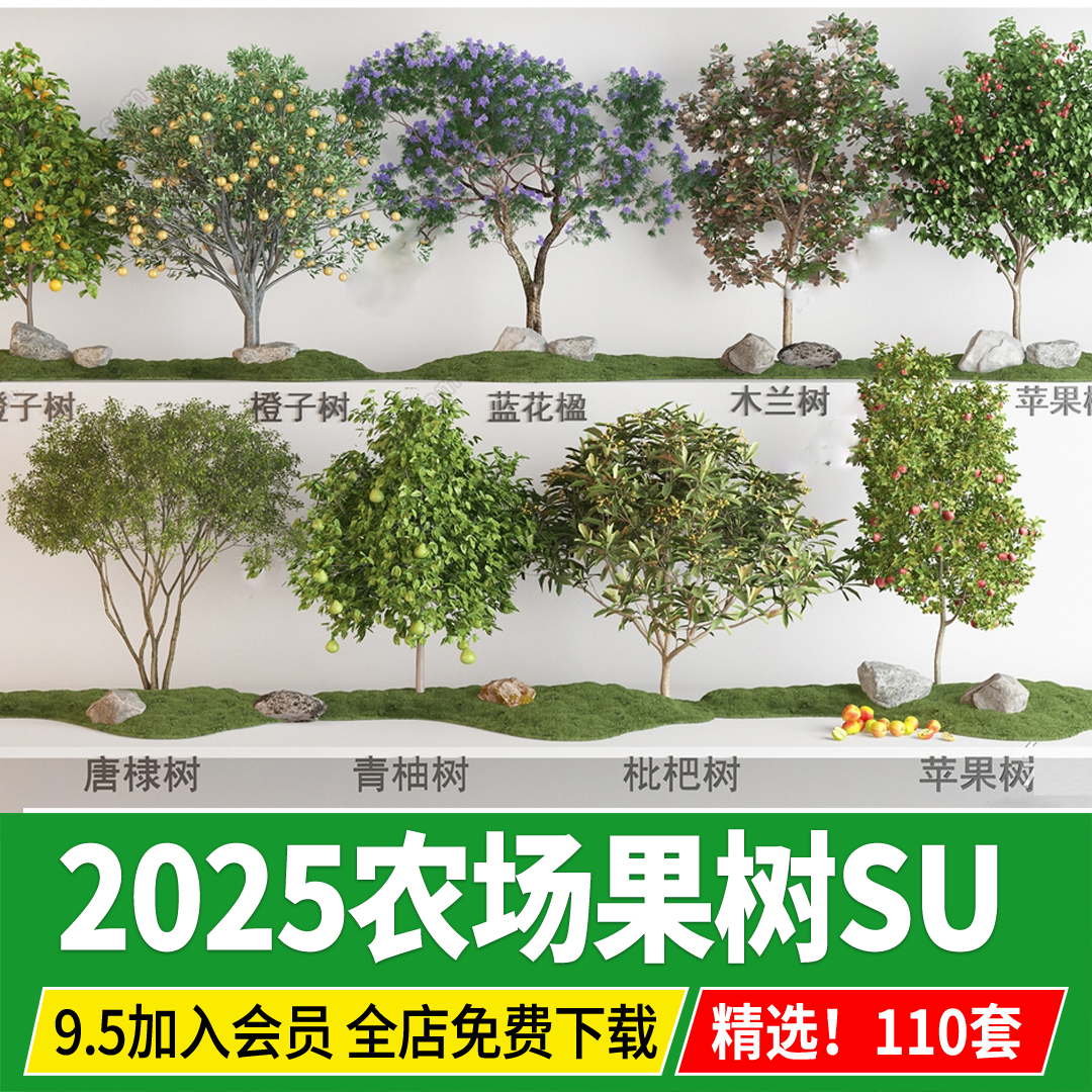 农场庭院果树3d植物琵琶桃树柚子金钱橘金桔石榴甜橙子苹果su模型