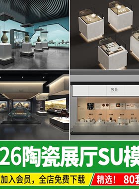 中式博物馆展览馆玻璃陈列展示柜传统文化青铜陶瓷展台展柜SU模型