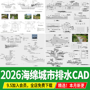雨水花园海绵城市地面排水系统生态植草沟节点详图大样CAD施工 图