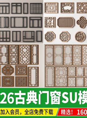 门窗新中式古典窗户实木窗花雕花镂空门扇花格木门草图大师SU模型