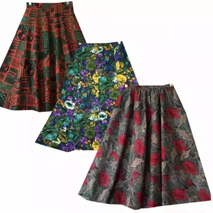 古着半身裙vintage复古日本制格子少女花朵伞裙复古风高腰中长裙1