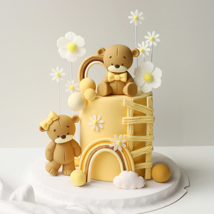 饰卡通暖黄色蝴蝶结小熊BABY彩虹周岁满月宝宝生日摆件 儿童蛋糕装