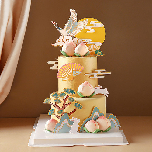 烘焙祝寿蛋糕装饰国风新中式仙鹤寿桃祥云寿星古亭折扇插件